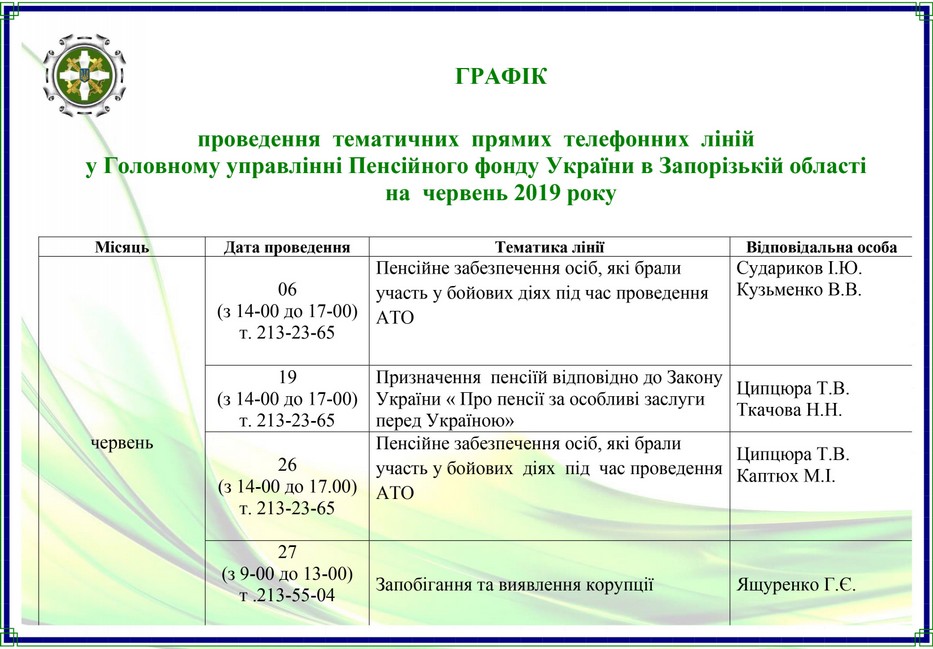 ГРАФІК проведення тематичних прямих телефонних ліній у Головному управлінні Пенсійного фонду України в Запорізькій області на червень2019 року